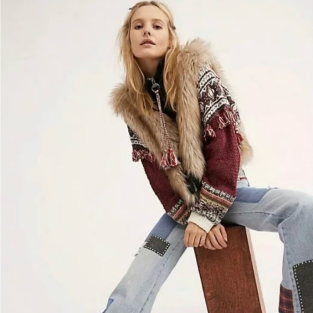 Free People Faux Fur zip Sweater